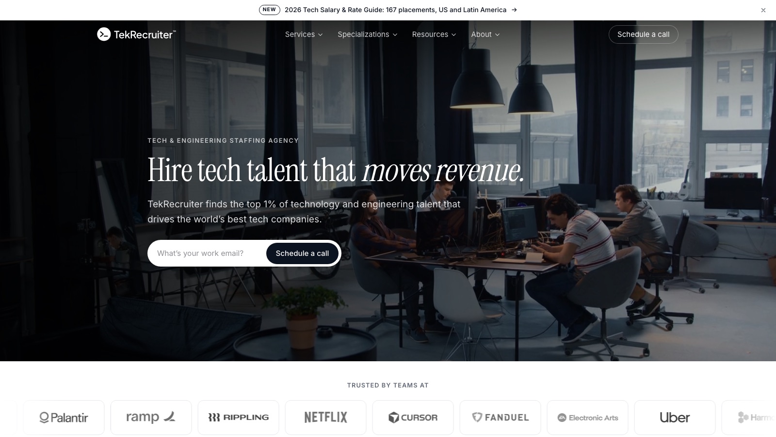TekRecruiter homepage: tech and engineering staffing agency trusted by Palantir, Ramp, Netflix and Cursor